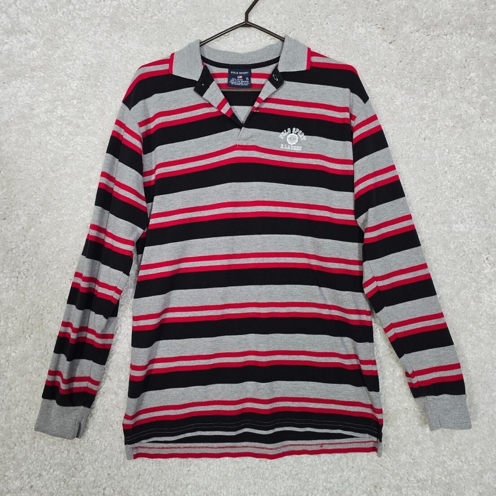 Vintage Polo Sport Ralph Lauren Shirt Boys XL Grey Red Striped Long Sleeve 90s